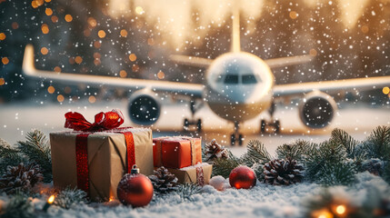 Festive holiday travel concept with airplane and presents in snowy winter scene, ready for Christmas vacation and New Year adventures, creating joy and excitement