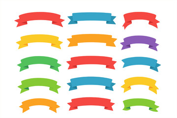 Ribbon banner vector set. Flat colorful ribbons banners isolated on white background. Label sticker tag collection. Price tag for sale promotion. Blank decorative graphic element.