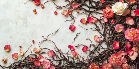 A rustic wooden table with a woven vine and pink roses, creating a natural and elegant setting.