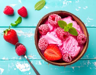 Pink raspberry ice cream in coconut bowl with strawberries and mint