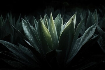 A close-up of an agave plant with dew-covered leaves, illuminated dramatically against a dark background