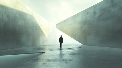 Solve problems with innovative ideas, a solitary figure stands in a vast hall, reflecting on business strategy and creative leadership for future success