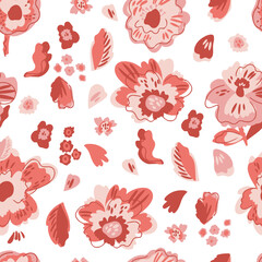 Seamless floral pattern featuring hand-drawn flowers and leaves in red and pink tones. Ideal for textiles, apparel design, packaging, wallpapers, and decorative surface design.