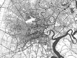 Obraz premium Black and white illustrated map of Ho Chi Minh City, Viet Nam, with streets, rivers, and neighborhoods.
