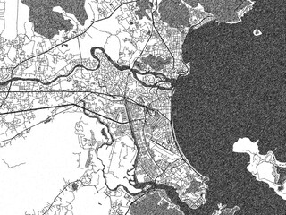 Poster-ready black and white illustration map of Nha Trang, Viet Nam, detailed and artistic.