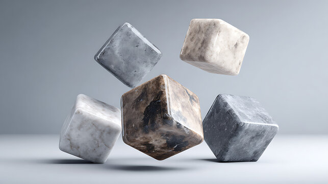Dynamic composition of five floating, rough-textured stone cubes featuring natural marble and concrete patterns in various shades of grey, white, and brown on a neutral background.