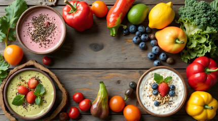 Vibrant, colorful overhead and flat-lay shots featuring a beautiful array of smoothie bowls and fresh, whole fruits and vegetables.