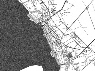 Hand-drawn style black and white city map of Rach Gia, Viet Nam, with detailed streets and textures.