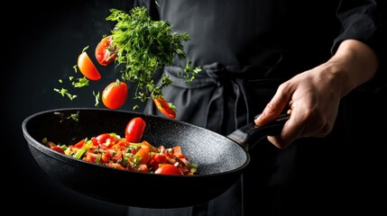 A chef tosses fresh vegetables and herbs in a frying pan, highlighting vibrant colors and dynamic cooking action
