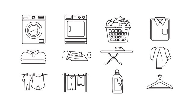 Hand drawn laundry icons set collection featuring washing machine dryer clothes basket ironing board and more vector