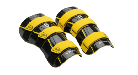 Pair of black and yellow shin guards for sport isolated PNG with Transparent Background