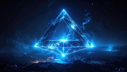 Abstract Blue Triangle Structure Floating Above Cityscape with Stars in Night Sky