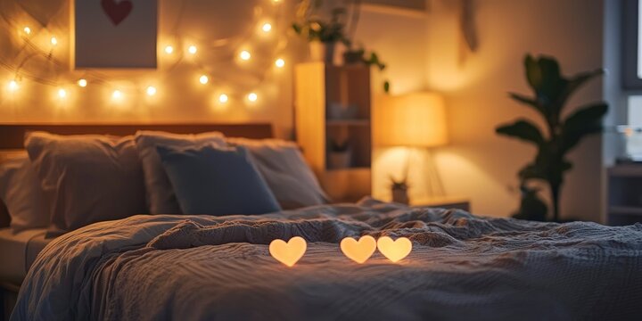 A cozy bedroom with a bed, lamp, and fairy lights, creating a warm and inviting atmosphere.