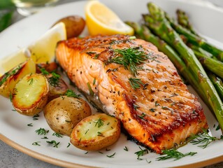Finnmark Salmon， beautifully plated dish of Finnmark Salmon, featuring a perfectly grilled fillet with crispy skin and tender, pink flesh