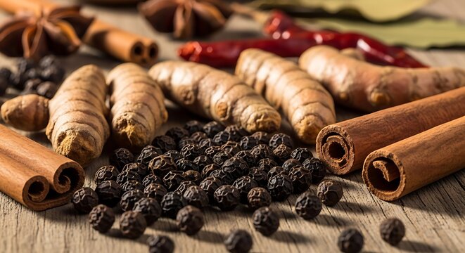 Spices and Herbs on Wooden Surface.