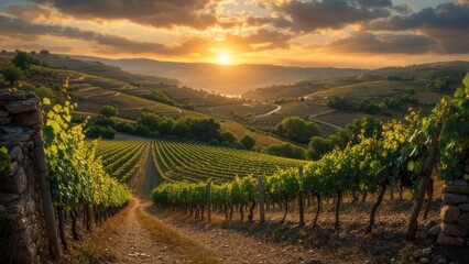 Fototapeta premium Sunset over rolling vineyard hills
