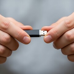 Close-up of Hands Holding a USB Drive Demonstrating Connectivity and Data Transfer Device