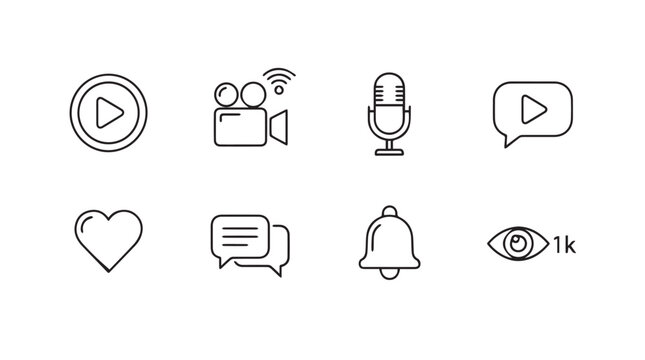 Set of outline icons for social media and communication apps play button video chat heart bell vector