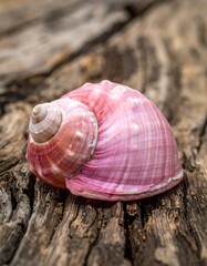 Pink seashell rests on weathered wood