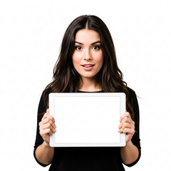 Fototapeta premium A surprised young woman with long dark hair holds up a white tablet with a blank screen against a white background.