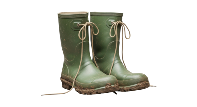 Pair of green muddy rubber boots with tied laces isolated PNG with Transparent Background