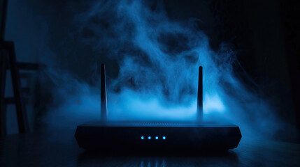 Wi-Fi router in a dark room, emitting ectoplasmic mist instead of signal waves, with faint faces in the mist