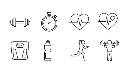 Set of fitness icons representing healthy lifestyle elements and exercise symbols vector