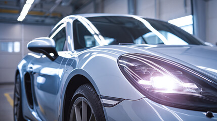 Sleek silver sports car with headlight detail on display, reflecting light in an automotive showroom setting. Modern design and luxury style are emphasized.