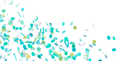 Falling teal and green confetti on white background. Perfect for party invitations, celebrations, and festive designs.