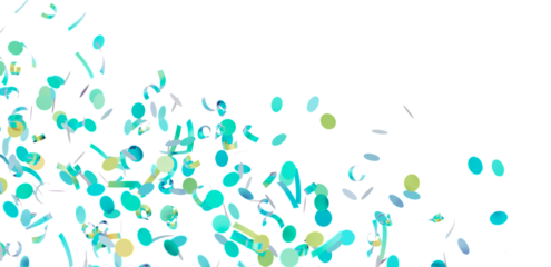 Falling teal and green confetti on white background. Perfect for party invitations, celebrations, and festive designs.