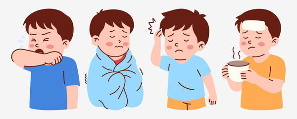Cartoon Illustration Of A Sick Boy With Different Symptoms Like Coughing Fever Headache