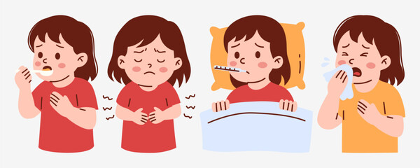 Cartoonish Illustration Depicting A Sick Young Girl Experiencing Various Illness Symptoms