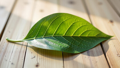Leaf with visible veins on light wooden planks, nature concept, with space for text