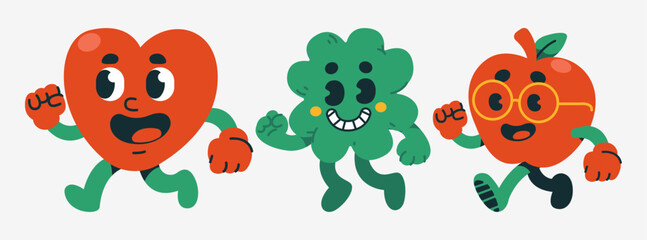 Cartoon Friends Running With Lively Heart Clover And Apple Characters On White Background