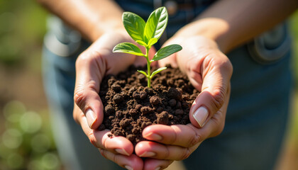 Hands holding plant sprout and soil outdoors, the concept of new growth