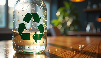 Glass bottle with recycling symbol and water droplets on wood table