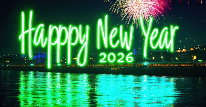 Festive scene shows bright neon Happy New Year text over water, city lights, fireworks visible. Celebratory, vibrant imagery.