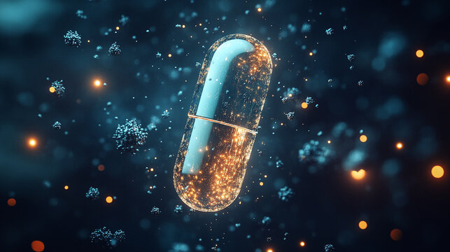 Innovative medical capsule with glowing particles offers futuristic healing, perfect for health tech brands and pharmaceutical marketing campaigns