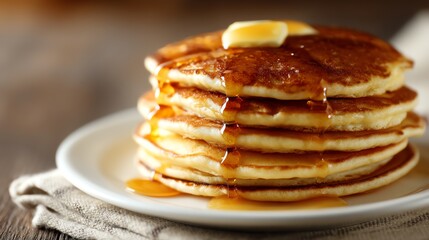 Comfort food breakfast spread with pancakes and syrup