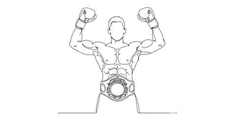 Minimal line art illustration of a boxing champion raising hands with gloves and wearing a championship belt. Perfect for concepts of victory, strength, combat sports, and fitness motivation.