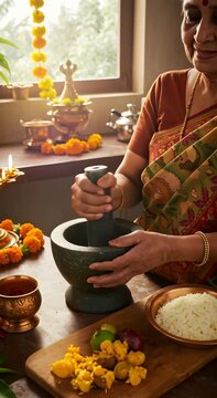 An elderly Indian woman prepares traditional festive food with ingredients like mango and spices in a kitchen with marigold decorations, footage.