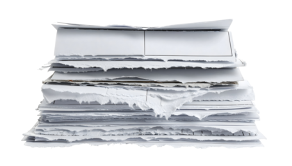 Stack of ripped paper strips with jagged edges, isolated on transparent background