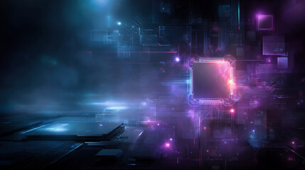 A futuristic abstract technology background with neon lights and glowing circuit lines