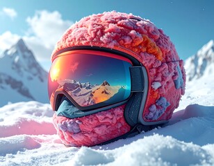 Pink ski helmet with goggles rests in snow, reflecting mountains under a bright sky