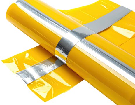 Two rolls of yellow, glossy material secured with metallic grey tape - Powered by Adobe