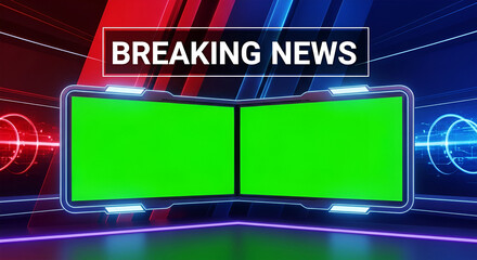 A digital news studio background with a "Breaking News" banner and two green screens.