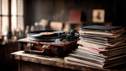 An old turntable with a pile of vintage vinyl records near it