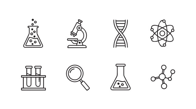 Drawn scientific icons featuring beakers microscopes dna molecules atoms and test tubes set vector