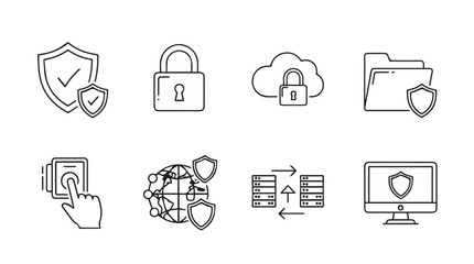 Set of security icons featuring shield lock cloud folder fingerprint globe servers and computer monitor vector