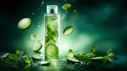 A bottle of facial toner with mint leaves and sliced cucumber floatic around. Natural cosmetics concept.